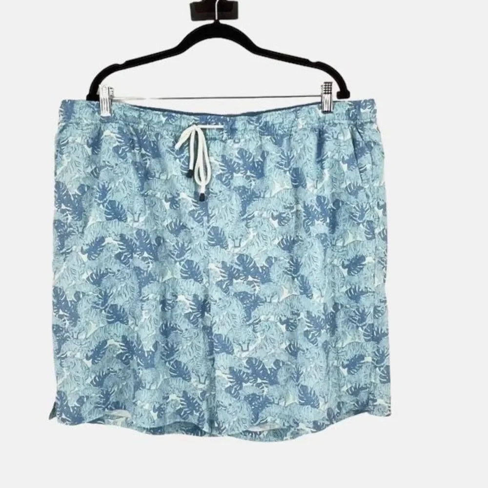 Peter Millar Men's Seascape Tiger Leaf Print Swim Trunk‎ Shorts Blue Size XXL 8”